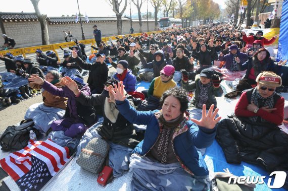 '문재인하야 범국민투쟁본부'(범투본) 회원들이 지난달 26일 오전 서울 청와대 앞에서 도로를 점거하고 집회를 열고 있다. /뉴스1 © News1 성동훈 기자