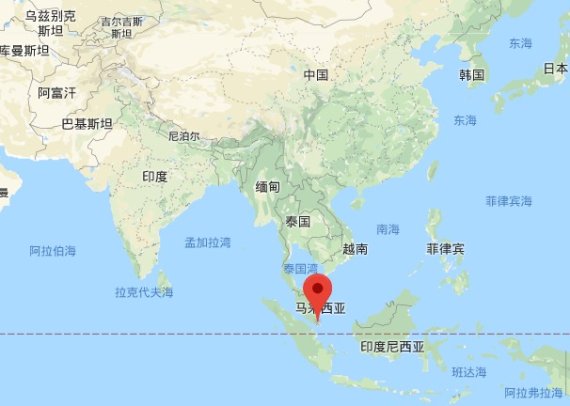싱가포르 위치도. 빨간색이 싱가포르 - 구글 지도 갈무리