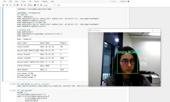 CJ 올리브네트웍스 사내 AI전문가가 개발한 얼굴인식 알고리즘 실행화면. 사람 얼굴을 인식해 나이와 성별, 감정 등을 알 수 있다.
