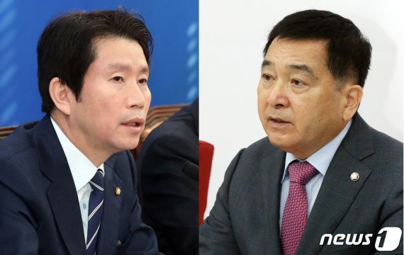 이인영 더불어민주당 원내대표와 심재철 자유한국당 원내대표가 15일 서울 여의도 국회에서 각각 기자회견을 하고 있다.