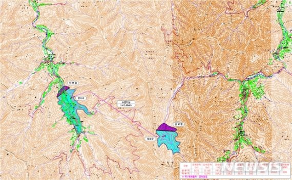 【영동=뉴시스】이성기 기자 = 한국수력원자력이 신규 양수발전소 건설 예비후보지로 선정한 충북 영동군 상촌면 고자리 상부댐과 양강면 산막리 하부댐 위치도.2019.03.29.(사진=영동군 제공) photo@newsis.com