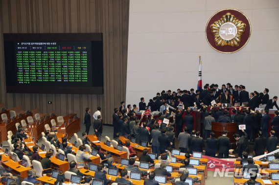 27일 서울 여의도 국회에서 열린 제373회국회(임시회) 제1차 본회의에서 공직선거법 일부개정법률안이 가결되고 있다.