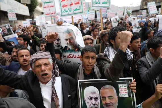 Supporters of the Houthis rally to denounce the U.S. killing of Iranian military commander Qassem Soleimani and Iraqi militia commander Abu Mahdi al-Muhandis, in Sanaa, Yemen January 6, 2020. The placards read: 'God is the Greatest, Death to America, Death to Israel, Curse on the Jews, Victory toÊIs