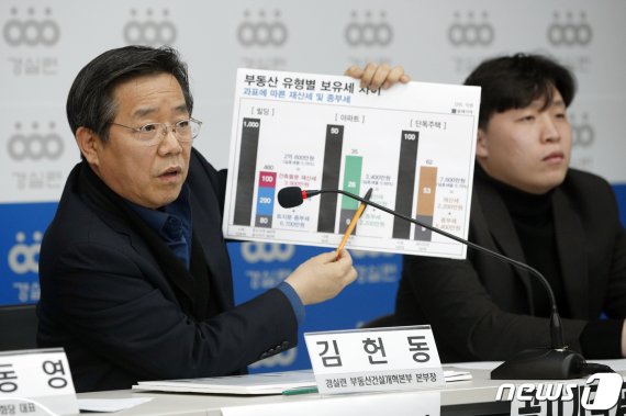 김헌동 경제정의실천시민연합 부동산건설개혁본부장이 9일 오전 서울 종로구 경실련에서 열린 '지난 6년 1000억 이상 실거래 빌딩 과표 분석발표 기자회견'에서 발언하고 있다. /사진=뉴스1