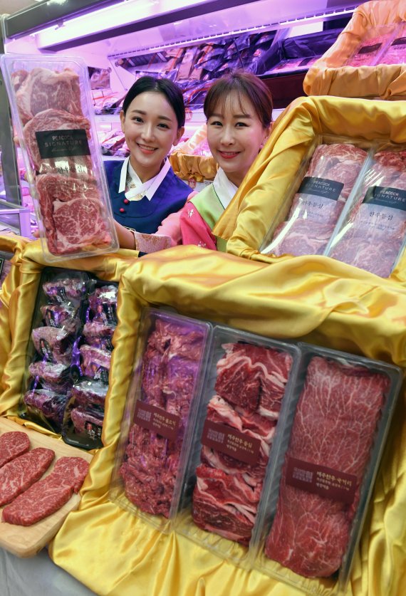 설 연휴를 앞둔 19일 오전 서울 한강대로 이마트 용산점에서 홍보도우미들이 구이용 냉장 한우 선물세트를 선보이고 있다. 사진=서동일 기자