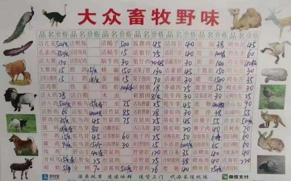 우한 화난 수산물도매시장에서 판매하던 야생동물 점포 메뉴판. (출처=웨이보 갈무리) © 뉴스1