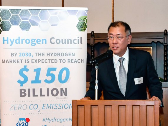 지난해 6월 일본 나가노현 가루이자와에서 열린 G20 에너지환경장관회의와 연계해 수소위원회가 개최한 만찬에서 공동회장 자격으로 환영사를 하고 있다.(현대자동차 제공)© 뉴스1