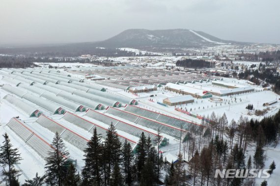 [서울=뉴시스] 삼지연시 외곽에 새로 건설된 남새(야채)온실농장 전경. 2020.01.27.photo@newsis.com