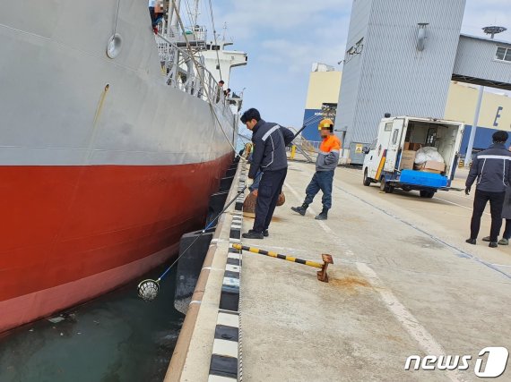 지난달 31일 전남 목포 신항만 인근 해역에 기름을 유출하고 도주한 선박이 목포해경에 의해 적발됐다.(목포해양경찰서 제공) 2020.2.1 © News1 전원 기자