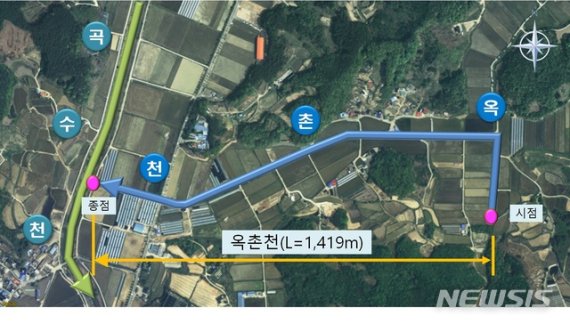 옥촌천 정비사업 구간(파란 실선).