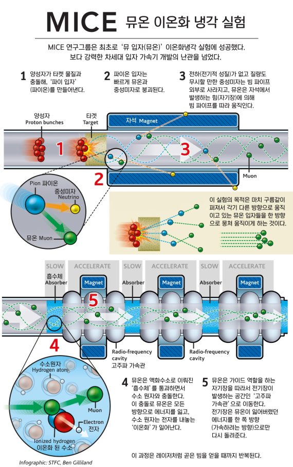 [연구개요도] MICE 연구팀은 ‘이온화 냉각’이라는 1980년대에 이론적으로 제시된 방식을 적용해 뮤온 빔을 가속기에 입사시킬 수준으로 냉각하는 데 성공했다. 뮤온 빔이 에너지 흡수체(Energy Absorber)를 통과하면서 물질과 이온화 반응으로 에너지를 잃고 부피가 줄며 방향이 정렬되도록 한 것이다. /사진=UNIST 제공