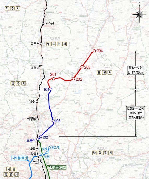 도봉산 포천선(옥정~포천) 전철 7호선 연장노선도. 사진제공=포천시