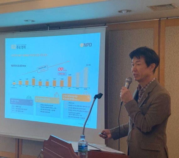 21일 강명구 엔피디 대표이사가 서울 여의도에서 열린 기업공개(IPO) 간담회에서 회사를 소개하고 있다. (사진=엔피디)
