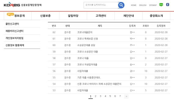 신용보증재단 홈페이지에 대출 가능성을 묻는 자영업자 문의가 쇄도하고 있다. 출처=신용보증재단중앙회 홈페이지