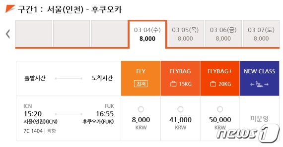 제주항공 홈페이지에서 4일부터 31일까지 인천~후쿠오카 항공편을 검색하면 최저 8000원(편도 기준)부터 판매하고 있다.© 뉴스1