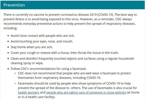 미국 CDC(질병예방통제센터)는 웹사이트를 통해 "코로나19 등 호흡기 질환으로부터 보호하기 위해 안면 마스크를 착용하는 것을 권장하지 않는다"고 명시하고 있다. /사진=CDC 홈페이지 캡처