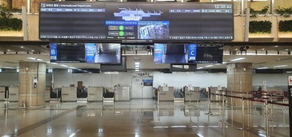12일 서울 강서구 김포공항 국제선 청사 3층 출국장 안내판이 텅 비어있다. 이날 김포공항 국제선 이용객은 0명을 기록했다. 사진=김서원 기자