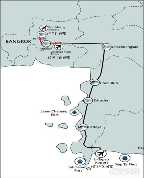 [대전=뉴시스] 태국 3개 공항 연결 고속철도 노선도.