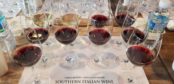 이탈리아 남부지역에서 생산된 10가지 와인이 잔에 따라진 모습.