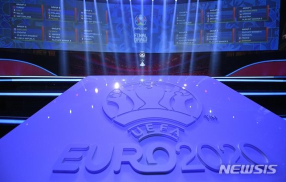 [부쿠레슈티=AP/뉴시스]2019년 11월 30일(현지시간) 루마니아 부쿠레슈티에서 2020 유럽축구선수권대회(유로2020) 본선 조추첨 결과가 발표된 모습. 2020.3.17.