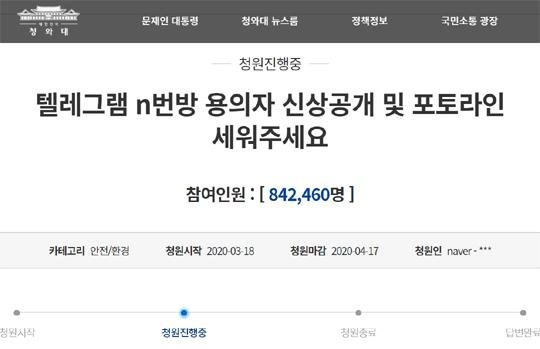 '텔레그램 n번방 피의자 신상공개' 국민청원 84만명 돌파