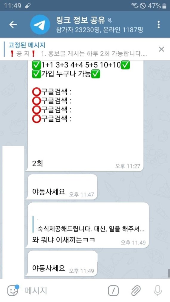 참여자만 2만명이 넘는 텔레그램 단체방에서 음란물 판매 등 불법적인 거래가 이뤄지고 있다./사진=제보자