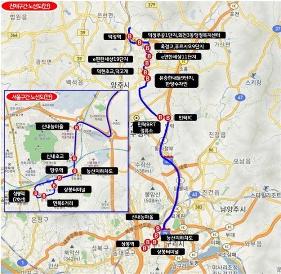 양주시 광역버스 1200번(덕정역~상봉역) 노선도. 사진제공=양주시