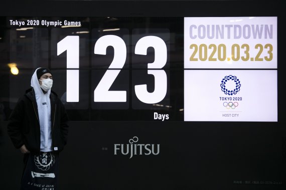 A man stands in front of a countdown display for the Tokyo 2020 Olympics and Paralympics in Tokyo, Monday, March 23, 2020. Japanese Prime Minister Shinzo Abe acknowledged that a postponement of the crown jewel of the sporting world could be unavoidable. Canada and Australia then added to the immense