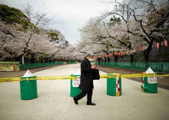 마스크를 쓴 한 남성이 28일 도쿄 최대 벚꽃 명소인 우에노 공원 앞을 지나고 있다. 우에노공원은 코로나19 확산 방지를 위해 이날 일시 폐쇄됐다. 로이터 뉴스1