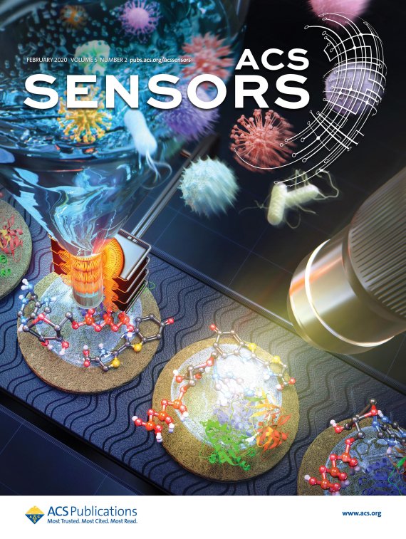 공기 중에 부유하는 미생물이 사이클론에 포집돼 부유미생물 내 ATP와 루시퍼린·루시퍼라아제 엔자임 효소의 반응으로부터 방출되는 생물발광을 측정하는 원리를 보여주는 국제학술지 'ACS 센서' 표지. 연구재단 제공