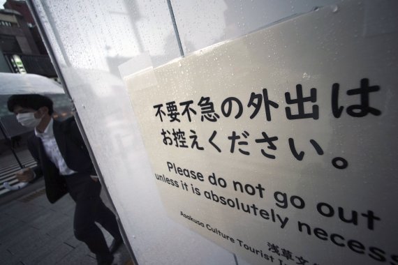 지난 1일 도쿄 관광지 아사쿠사에 불요불급한 외출은 자제해 달라는 문구가 붙어있다. 그 옆으로 마스크를 쓴 한 남성이 지나가고 있다. AP뉴시스