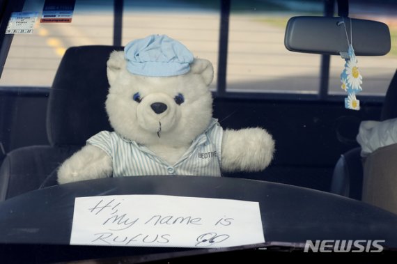 지난달 31일(현지시간) 뉴질랜드 남섬 크라이스트처치 지역의 한 차량에 하늘색 모자를 쓴 곰 인형이 앉아있다. 앞에는 '안녕, 내 이름은 루퍼스야'라는 메시지도 적혀있다. 뉴시스 제공