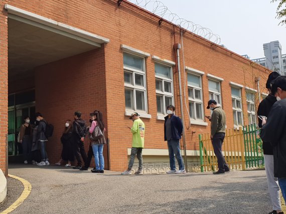 투표일장에서도 '알아서' 1m 거리두기.. "간격 띄워주세요"