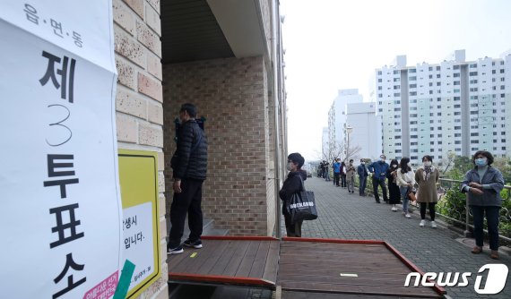 제21대 국회의원 선거일인 15일 오전 울산 남구 신정중학교에 마련된 투표소 앞에서 유권자들이 거리를 두며 차례를 기다리고 있다. 이날 울산은 68.6%가 투표해 전국 최고의 투표율을 보였다. /사진=뉴스1