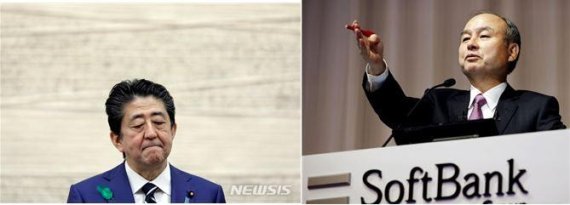 아베 신조 일본 총리(왼쪽)과 손정의 소프트뱅크 회장.