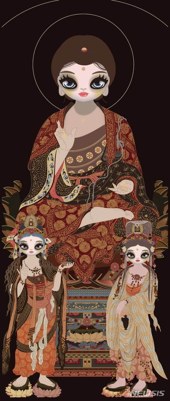 [서울=뉴시스] 마리킴, 아미타삼존도 2019 Genuine gold leaf plated, acrylic color paint on Ultra chrome ink printed canvas 193x108cm, 사진=가나아트센터 제공. 2020.5.06. photo@newsis.com