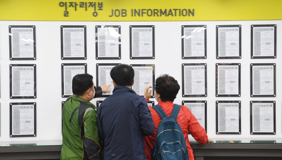 내일엔 내 일이 있을까4월 고용지표가 1999년 외환위기 이후 최악을 기록했다. 통계청은 4월 취업자가 1년 전에 비해 47만6000명 줄었다고 발표했다. 13일 서울 마포대로 서부고용복지플러스센터에서 구직자들이 일자리정보 게시판을 살펴보고 있다. 사진=김범석 기자