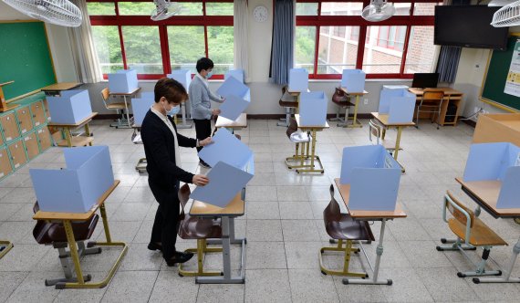 고등학교 3학년 학생 등교수업을 하루 앞둔 19일 오전 대구 수성구 정화여자고등학교 고3 교실에서 교사들이 신종 코로나바이러스 감염증(코로나19) 예방을 위해 급식 전용 칸막이를 설치하고 있다. 이 학교는 감염 경로를 최소화하기 위해 교실에서 담임, 부담임 교사가 배식을 지도하고 식사 후 책상 소독 및 환기 지도를 진행한다. 뉴시스