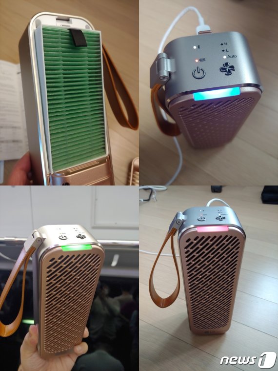 퓨리케어 미니에 필터 넣는 모습과 청정표시등에 불이 들어온 모습(미스트 뿌리니 빨갛게....)© 뉴스1 권구용 기자