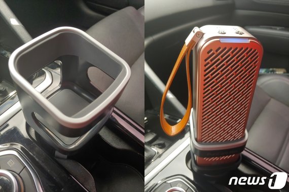 퓨리케어 미니 자동차 거치대와 장착샷. 실제 색보다 빨갛게 나왔다. © 뉴스1 권구용 기자