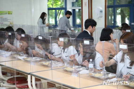 [순천=뉴시스] 송창헌 기자 = 2차 등교개학이 이뤄진 27일, 전남 순천시 해룡면 금당중학교 급식실에서 학생들이 칸막이를 사이에 두고 식사를 하고 있다. (사진=전남교육청 제공) 2020.05.27photo@newsis.com