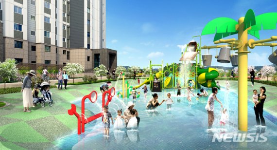 [창원=뉴시스] 강경국 기자 = 경남 창원시 성산구 사파동 일원에 건설되는 반도유보라 아이비파크 단지 내 키즈 워터파크형 놀이터 이미지. (사진=반도건설 제공). 2020.05.28.photo@newsis.com