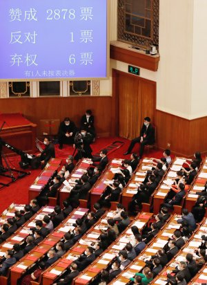 중국 전국인민대표대회가 28일 베이징 인민대회당에서 전체회의를 열고 홍콩 국가보안법을 통과시켰다. 이번 표결에는 전인대 대표단 2885명이 참여했으며 찬성 2878표, 반대 1명, 기권은 6명이었다. 로이터뉴스1