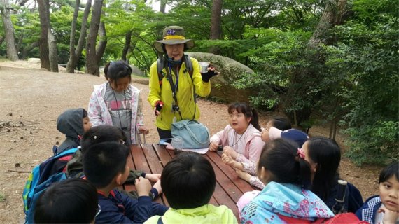 ▲용호초등학교 학생들이 숲체험 해설을 듣고 있다. /사진=부산시설공단