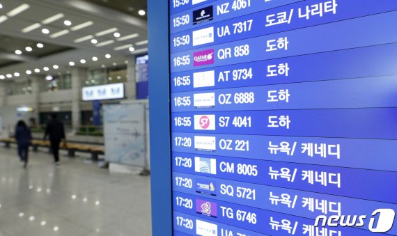 중동·아프리카 지역의 입국자 코로나19 확진 사례가 늘고 있는 10일 인천국제공항 입국장 전광판에 카타르 도하발 입국 항공편 정보가 나와있다. 2020.5.10/뉴스1 © News1 안은나 기자