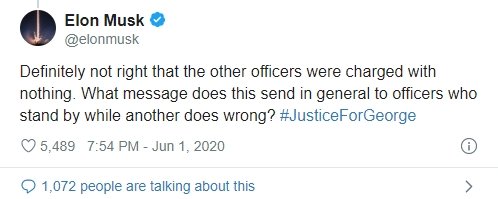 머스크, 흑인사망 사건에 "경찰 1명만 기소, 옳지 않아"