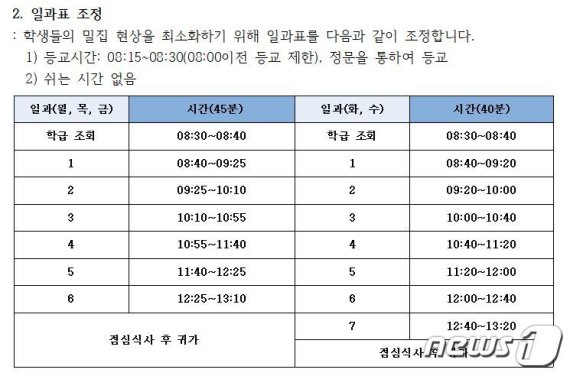서울 도봉구 한 중학교의 등교 개학 이후 수업 시간표. 쉬는 시간이 전혀 없다.(홈페이지 캡처)/뉴스1 © 뉴스1