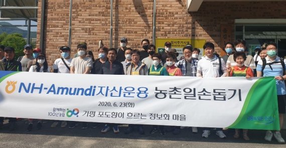 NH-Amundi자산운용 임직원들이 지난 23일 경기도 가평 포도재배 농가에서 일손돕기를 진행한 이후 기념촬영중이다. (제공: NH-Amundi자산운용)