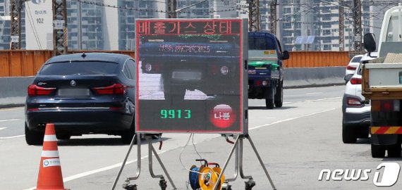 환경부 직원들이 지난 3일 서울 동호대교 남단에서 신종 코로나바이러스 감염증(코로나19) 예방을 위해 비대면 운행차 배출가스 단속을 하고 있다. /사진=뉴스1