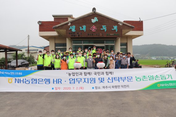 박태선 NH농협은행 부행장과 HR·업무지원부문 및 신탁부문 직원들이 2일 경기도 파주시 파평면 덕천리에서 일손돕기 후 기념촬영을 하고 있다. NH농협은행 제공